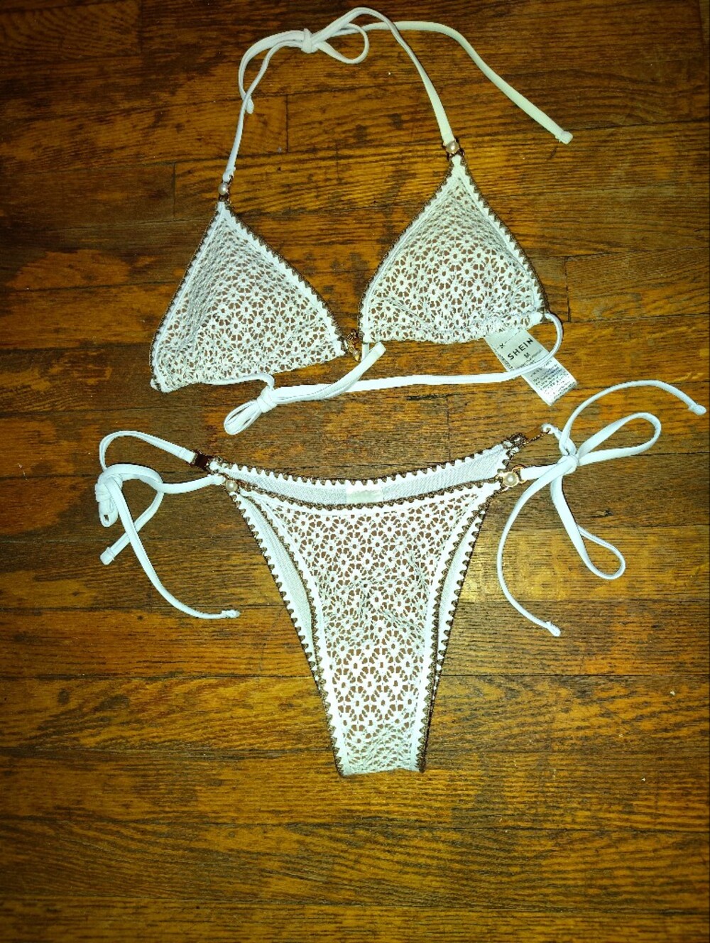 SheIn White Crochet Triangle Bikini Set
